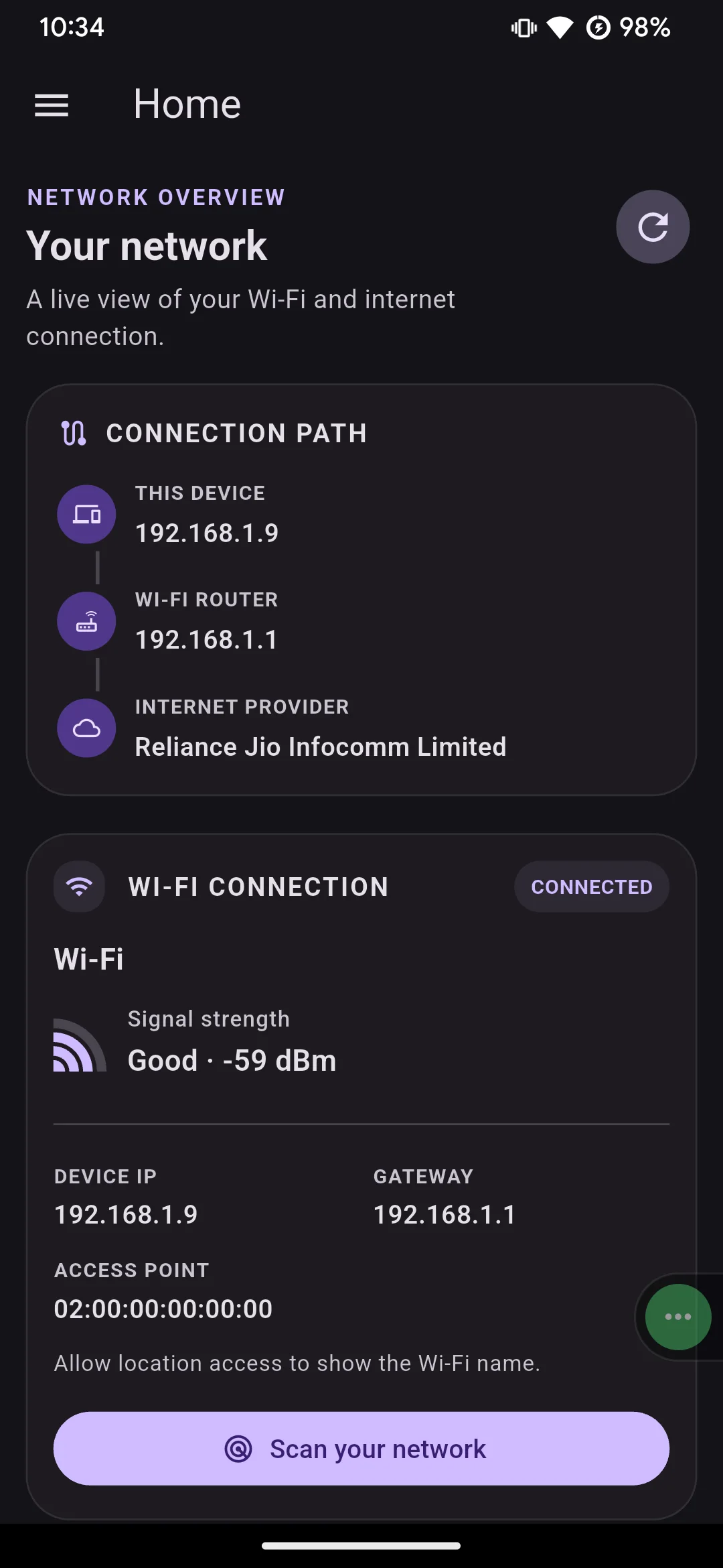 Vernet Android app showing the network overview