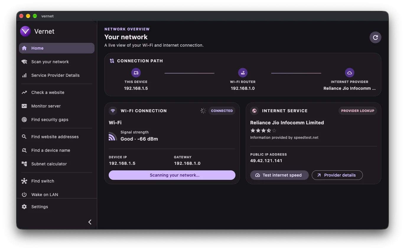 Vernet desktop app showing the network overview